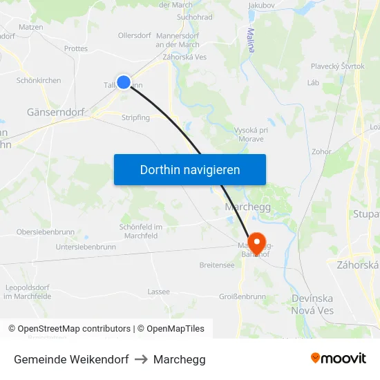 Gemeinde Weikendorf to Marchegg map