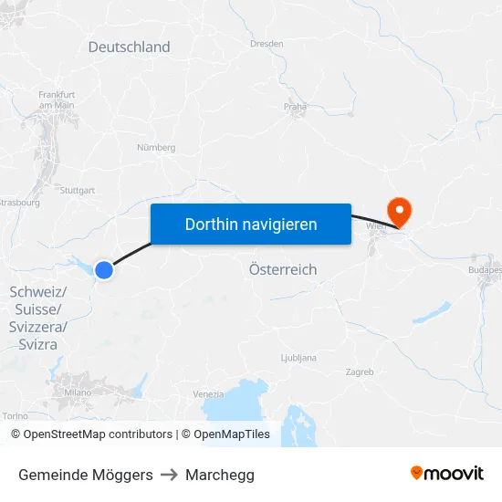 Gemeinde Möggers to Marchegg map