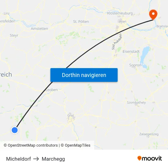 Micheldorf to Marchegg map