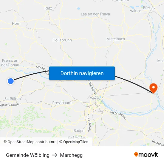 Gemeinde Wölbling to Marchegg map