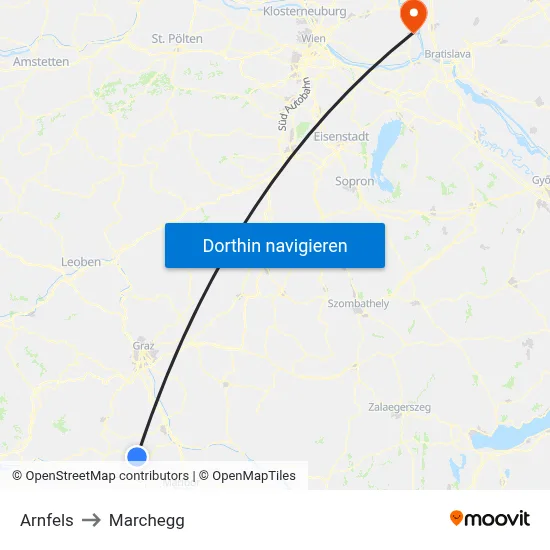 Arnfels to Marchegg map