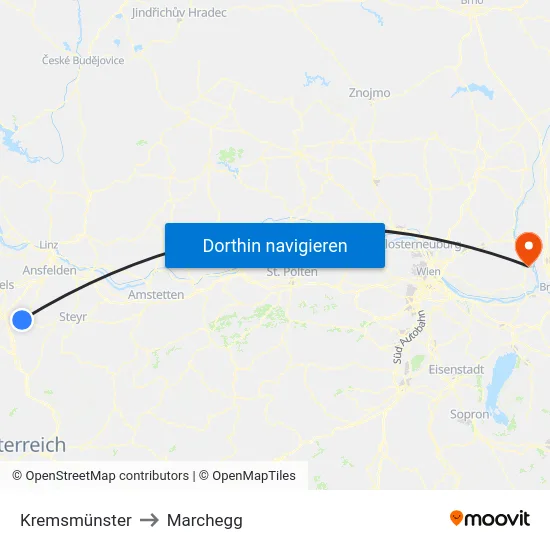 Kremsmünster to Marchegg map
