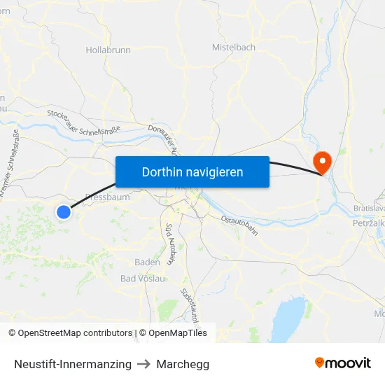 Neustift-Innermanzing to Marchegg map
