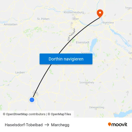 Haselsdorf-Tobelbad to Marchegg map