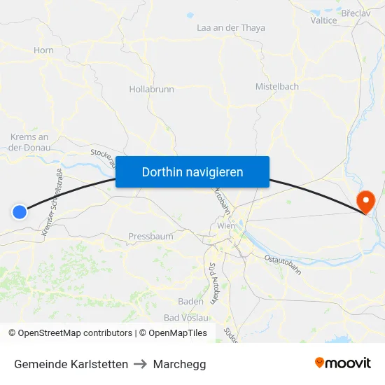 Gemeinde Karlstetten to Marchegg map
