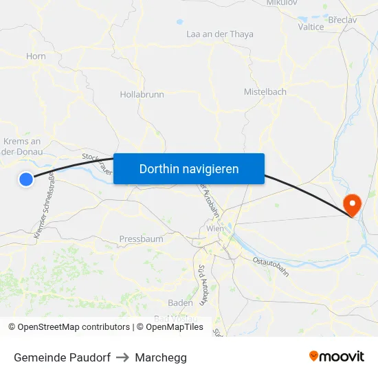 Gemeinde Paudorf to Marchegg map
