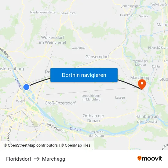Floridsdorf to Marchegg map