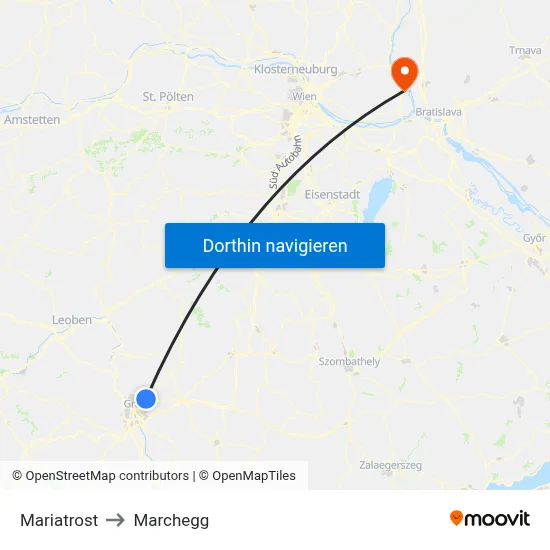 Mariatrost to Marchegg map