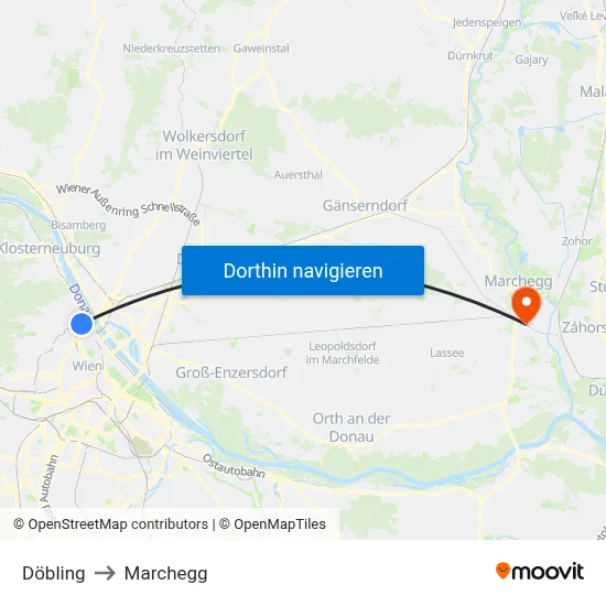 Döbling to Marchegg map