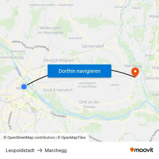 Leopoldstadt to Marchegg map