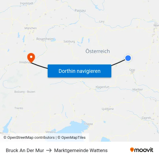 Bruck An Der Mur to Marktgemeinde Wattens map