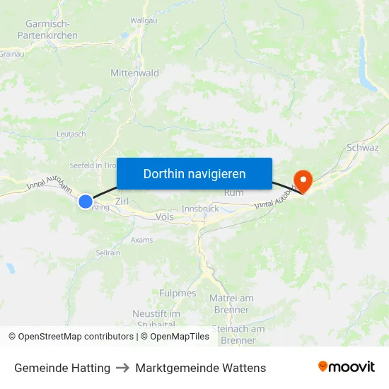 Gemeinde Hatting to Marktgemeinde Wattens map