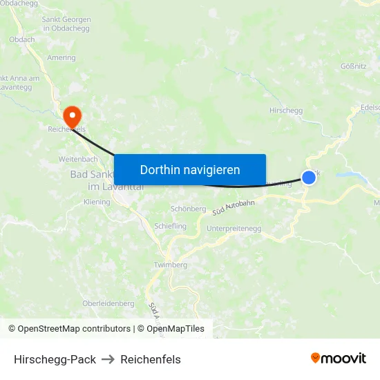 Hirschegg-Pack to Reichenfels map