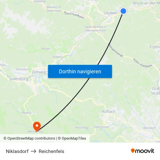 Niklasdorf to Reichenfels map