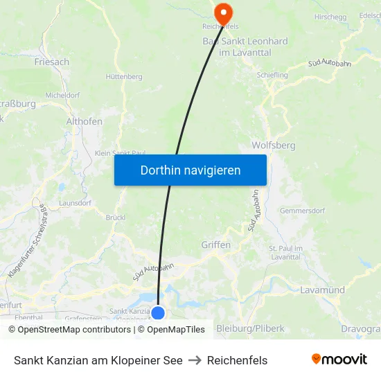 Sankt Kanzian am Klopeiner See to Reichenfels map