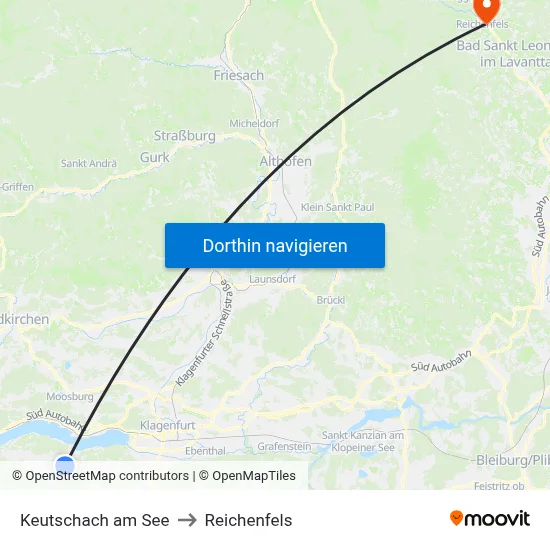 Keutschach am See to Reichenfels map