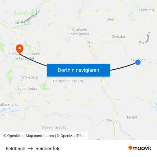 Feldbach to Reichenfels map