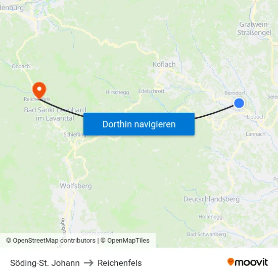 Söding-St. Johann to Reichenfels map