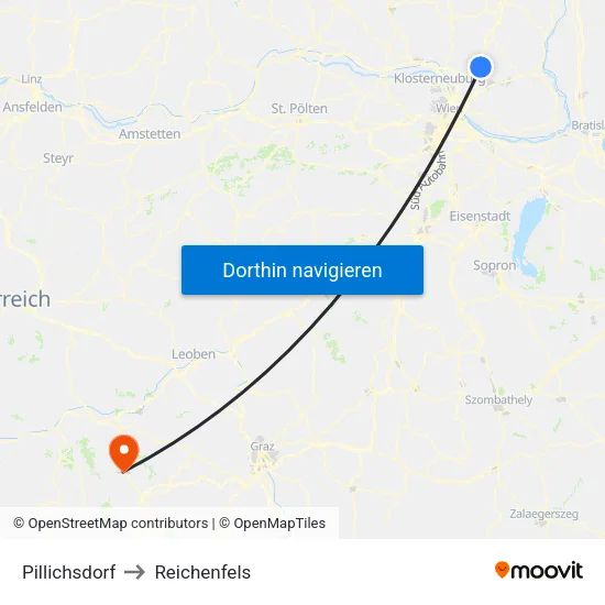 Pillichsdorf to Reichenfels map