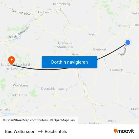 Bad Waltersdorf to Reichenfels map
