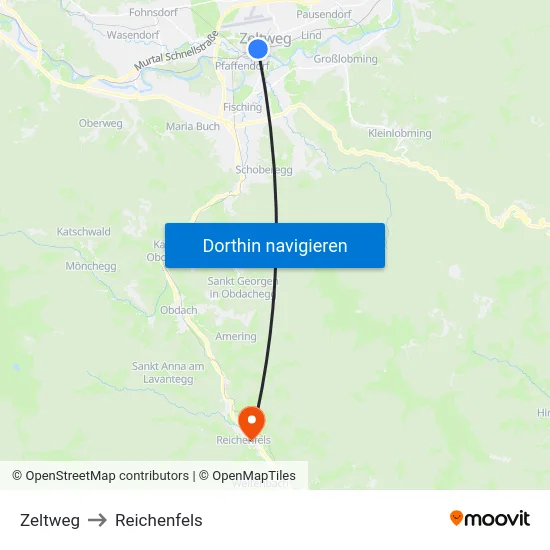 Zeltweg to Reichenfels map