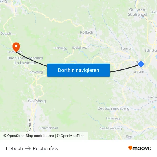 Lieboch to Reichenfels map