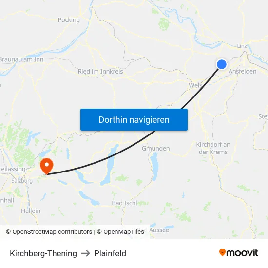 Kirchberg-Thening to Plainfeld map