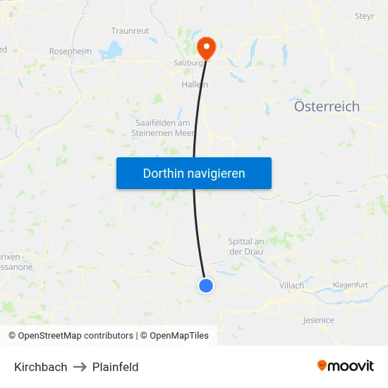 Kirchbach to Plainfeld map