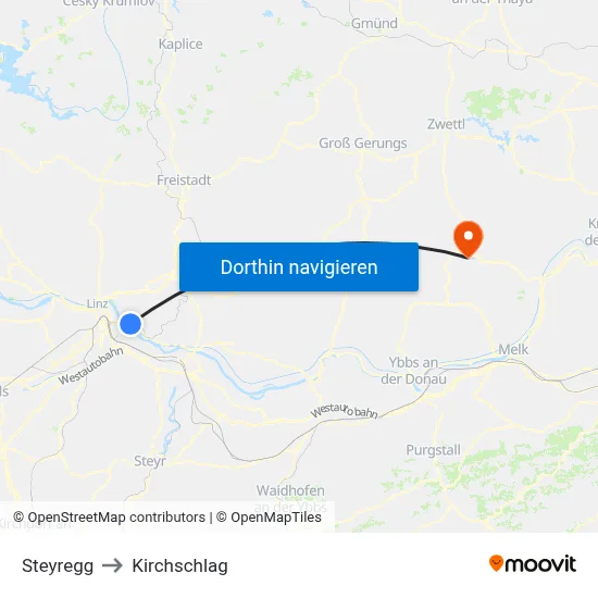 Steyregg to Kirchschlag map