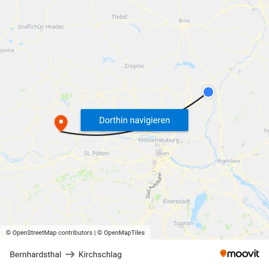 Bernhardsthal to Kirchschlag map