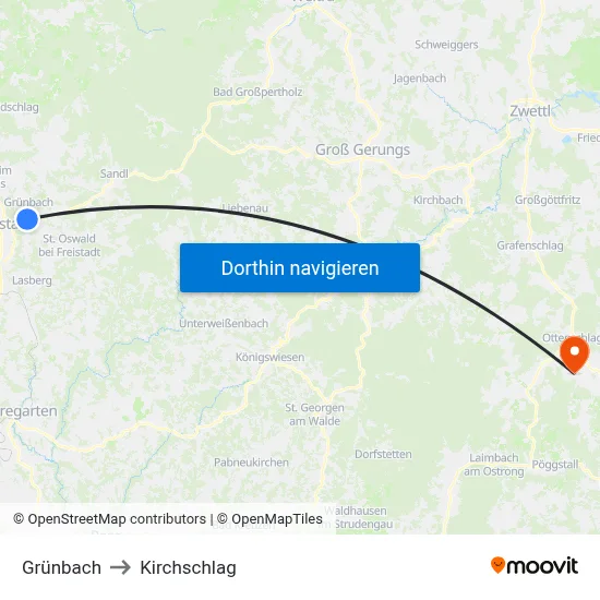 Grünbach to Kirchschlag map