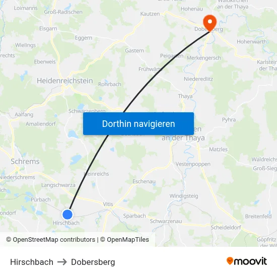 Hirschbach to Dobersberg map