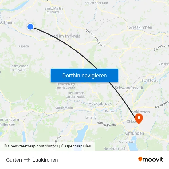 Gurten to Laakirchen map
