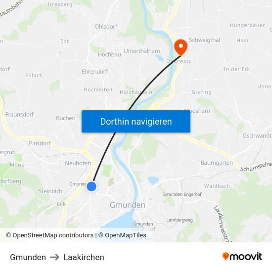 Gmunden to Laakirchen map