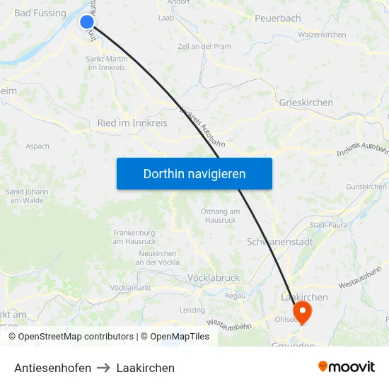 Antiesenhofen to Laakirchen map