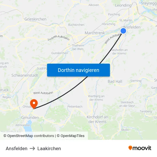 Ansfelden to Laakirchen map