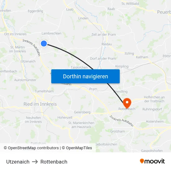 Utzenaich to Rottenbach map