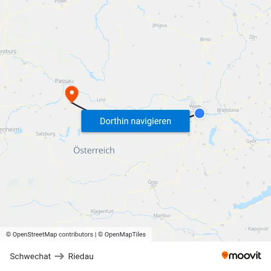 Schwechat to Riedau map