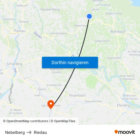 Nebelberg to Riedau map
