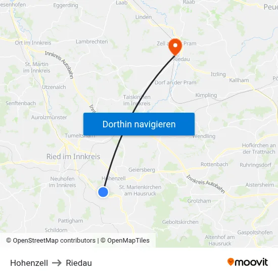 Hohenzell to Riedau map