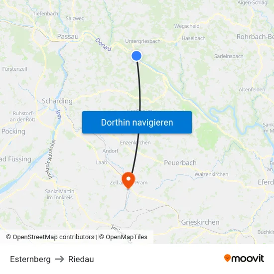 Esternberg to Riedau map
