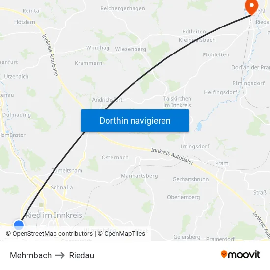 Mehrnbach to Riedau map