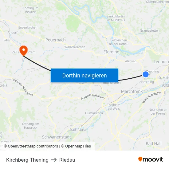 Kirchberg-Thening to Riedau map