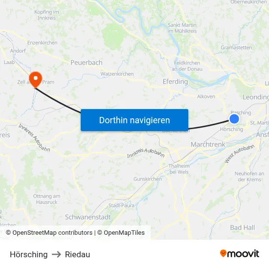 Hörsching to Riedau map