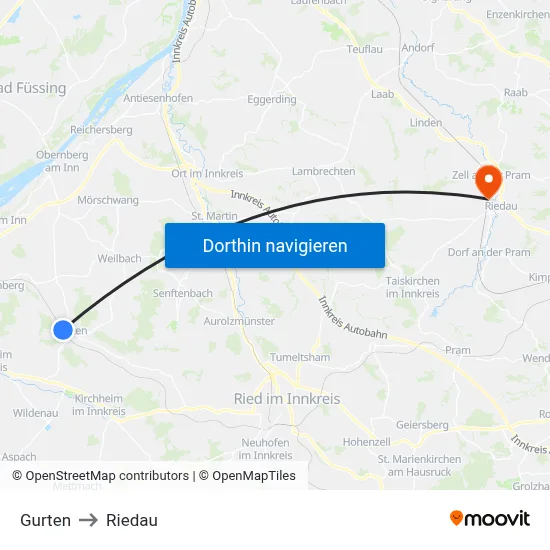 Gurten to Riedau map