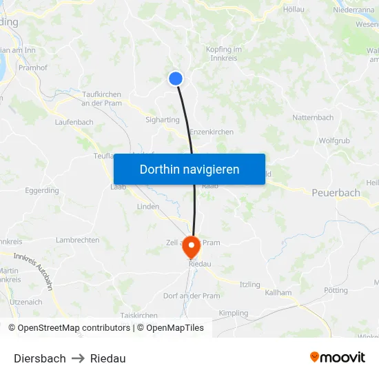 Diersbach to Riedau map