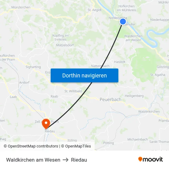 Waldkirchen am Wesen to Riedau map