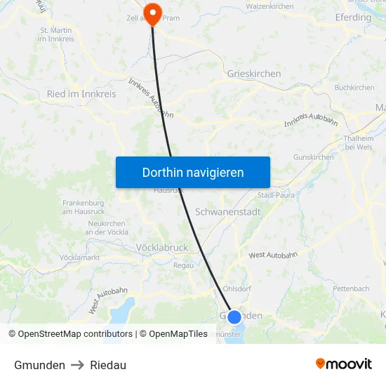 Gmunden to Riedau map