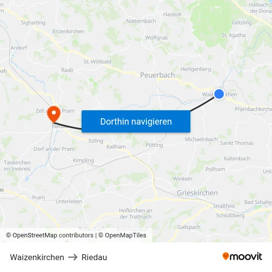Waizenkirchen to Riedau map