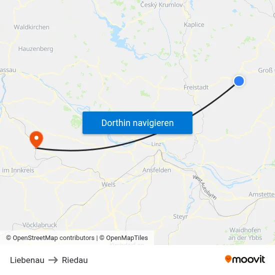 Liebenau to Riedau map